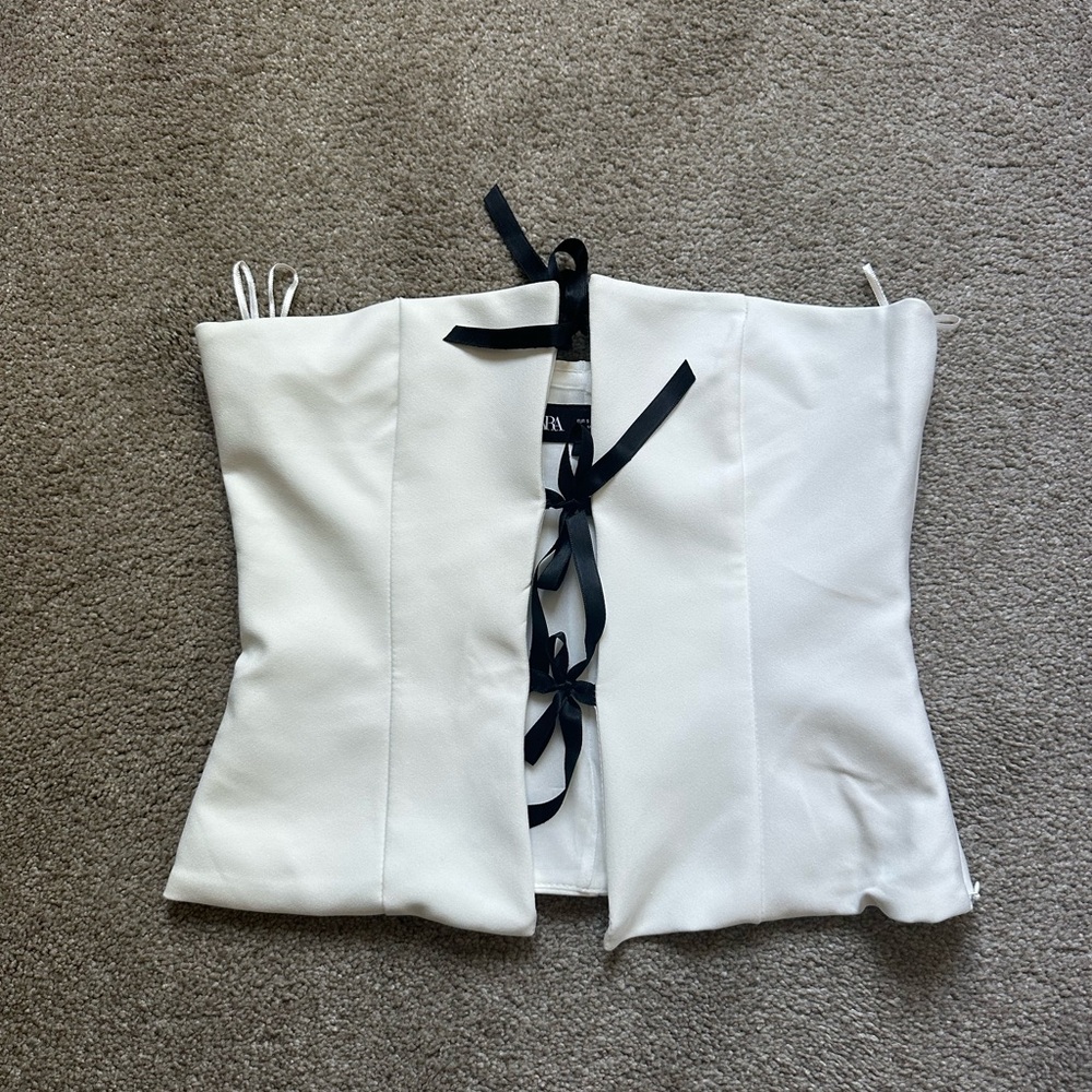 Zara Ivory Corset Top with Black Tie Accent